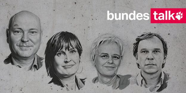 Porträts von Achim Truger, Anja Krüger, Ulrike Herrmann und Stefan Reinecke