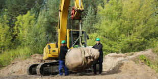 Arbeiter und ein Bagger im Wald