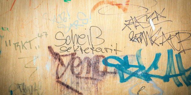 An einer vollgeschmierten Holztür einer Schultoilette steht "Scheiß Sekretirit"