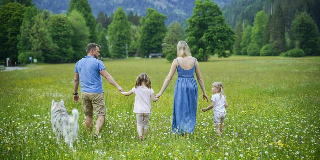 Eine Familie mit Hund und zwei Kindern geht über eine idyllische Wiese