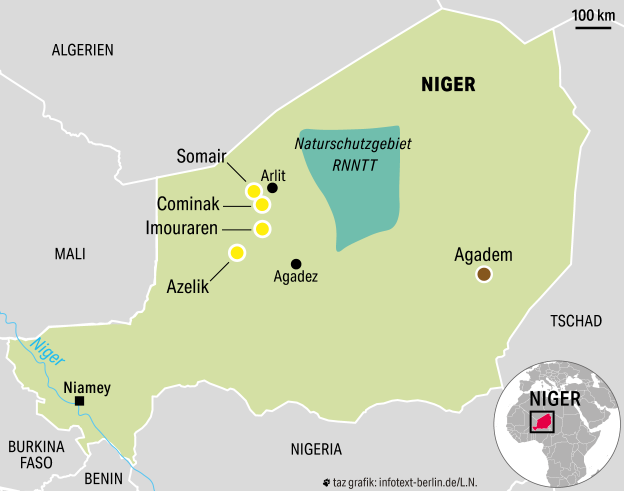 Die Uranmienen in Niger liegen vor allem im Westen des Landes, in der Nähe der Grenzen zu Mali und Algerien, das für China interessante Ölfeld bei Agadem liegt im Osten