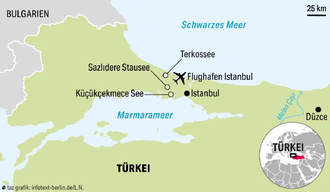 Eine Karte der Westtürkei mit Istanbul und den drei Seen, rechts der Melen-Fluss