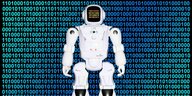Eine weisse Roboterfigur steht vor blau-grünem Hintergrund mit binären Zahlen