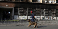 Ein Sicherheitsmann mit Schäferhund vor einem ausgebrannten gebäude in Johannesburg