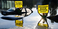 Protestaktion von Greenpeace, versunke Autos und 2 Aktivisten,die gelbe Schilder halten