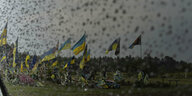 Unsaubere Fensterscheibe, dahinter mehrere ukrainische Flaggen in blau und gelb