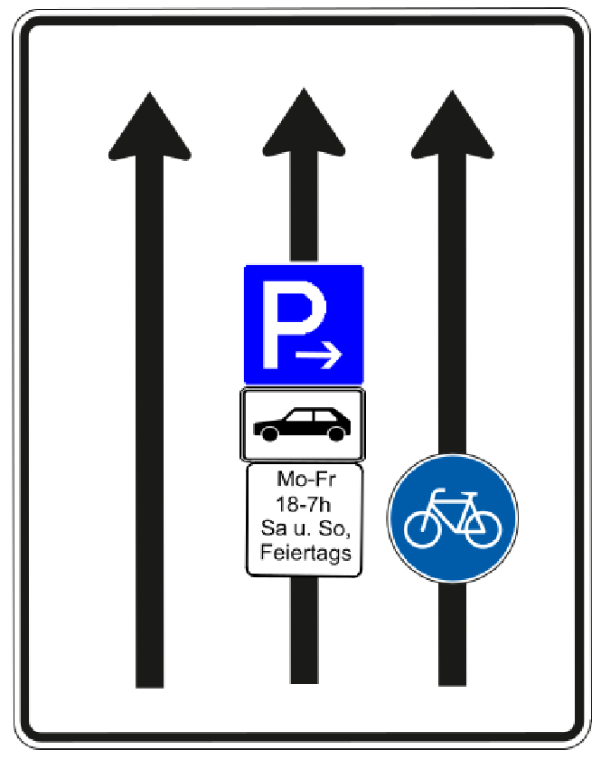 Neues Schild mit temporärer Parkspur in der Mitte, rechts der radweg