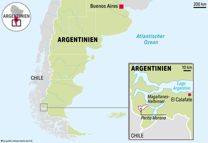 Eine Landkarte von Argentinien, wo Perito Moreno eingezeichnet ist.