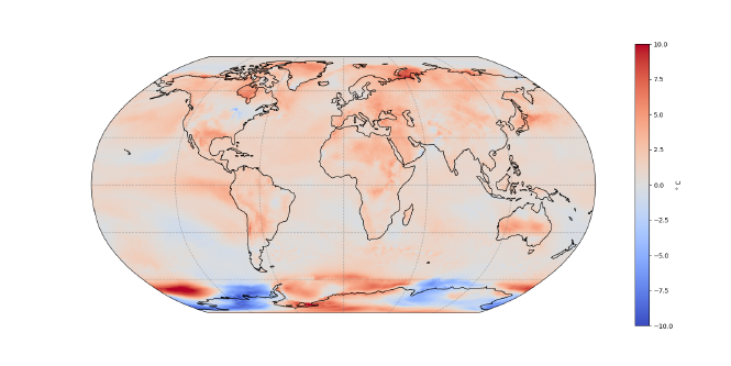 Eine Infografik zeigt die Abweichung der Lufttemperatur im August 2023 zum Durchschnitt der Jahre 1961 bis 1990, die Weltkarte erscheint größtenteils rot, also zu warm