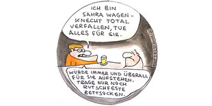 Illustration: Zwei Männer sitzen an einem Tisch, auf dem ein Glas Bier steht. Der Mann links in der Zeichnung erklärt, wie sehr er Sahra Wagenknecht verehrt.