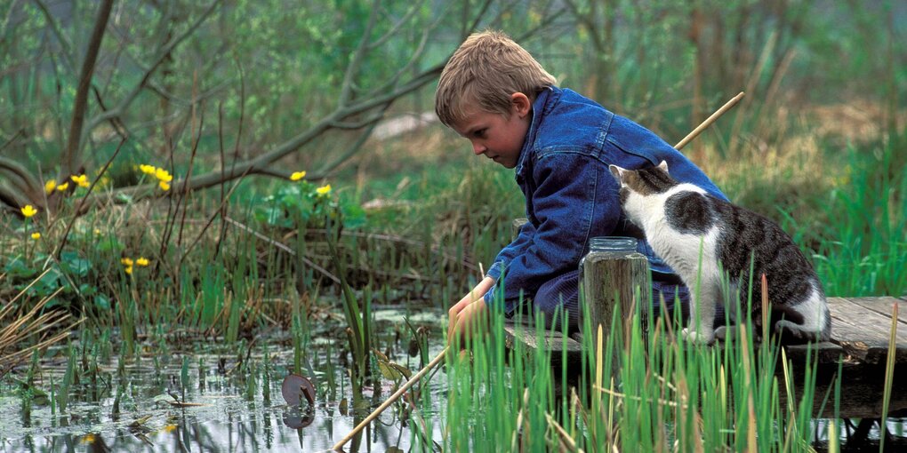 Ein kleiner Junge sitzt mit einer Katze an einem Bachlauf und hängt eine provisorische Angel ins Wasser