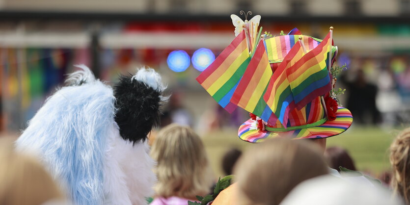 Demonstrationsteilnehmer mit Regenbogenfahnen während eines Christoper Street Days im August in Erfurt