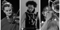 Schwarz-weiße Collage mit Bildern dreier Musiker:innen: Julia Brüssel mit Geige, Korhan Erel am Mischpult und Gerhard Gschlößl mit Posaune
