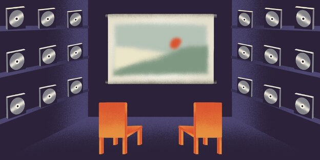 Illustration einer Leinwand, zwei Stühle stehen davor, links und rechts sind Regale mit DvDs zu sehen