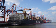 Ein Containerschiff liegt am Kai im Hamburger Hafen