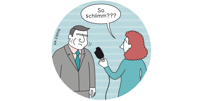 Ein bunter Cartoon, eine Reporterin hält einem Politiker ein angebissenes Mikro hin, fragt ihn: So schlimm???