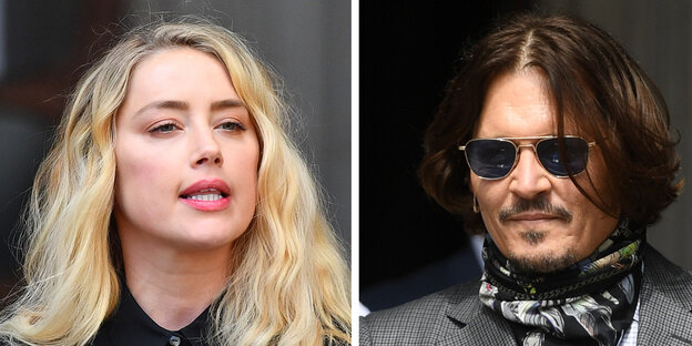 Ein Portrait von Amber Heard und ein Portrait von Johnny Depp.