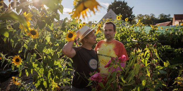 René Gust (r.) und Osward Gust-Martínez in ihrem Garten, in dem sie sich nicht mehr sicher fühlen - hier stehen sie inmitten von großen Sonneblumen