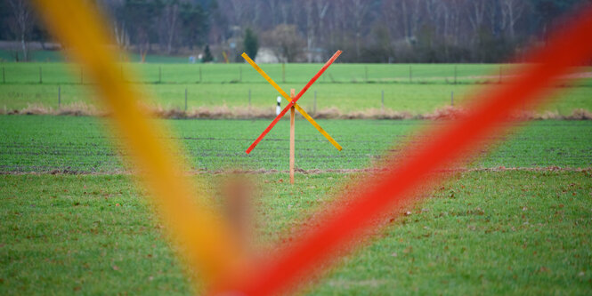 Zwei rot-gelbe Kreuze stehen auf einer Wiese