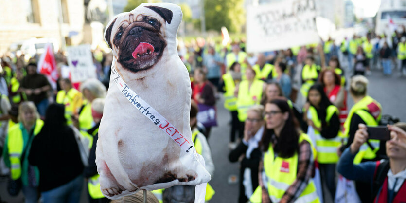 Ein Mopskissen wird auf einem Stock in die Höhe gestreckt, im Hintergrund Demonstrant*innen. Auf dem Kissen steht: "Tarifvertrag JETZT!"