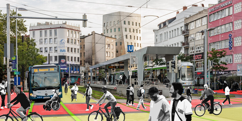 Das Bild zeigt wie eine mögliche Verkehrsführung am Steintorplatz in Hannover aussehen könnte. Mit gelben und roten Streifen werden Zonen für Fußgänger und Radfahrer angedeutet, außerdem ist eine Straßenbahnhaltestelle zu sehen - Autos sollen hier keine Rolle mehr spielen.