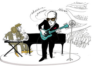 Illustration der Musiker Steve Nieve am Klavier und Elvis Costello an der Gitarre