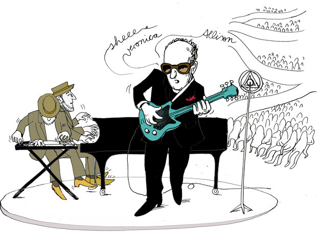 Illustration der Musiker Steve Nieve am Klavier und Elvis Costello an der Gitarre