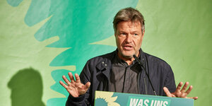 Robert Habeck spricht auf einem Podium, im Hintergrund das Logo der Grünen mit Sonnenblume