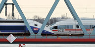 Ein TGV und ein ICE (r) stehen auf einer Rheinbrücke