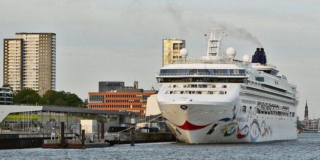 Ein Kreuzfahrtschiff hat an einem Landeplatz festgemacht, im Hintergrund die Skyline Hamburgs