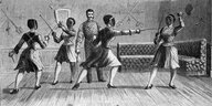 Historische Darstellungen von vier Fechterinnen in Aktion und einem Trainer