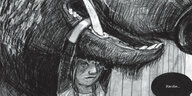Zeichnung eines Kindes, das den Arm in einen ausgestopften Eberkopf steckt