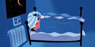 Illustration, ein Mann liegt mit Schlafmütze im Bett und friert, die Temeratur zeigt minus zwei Grad an