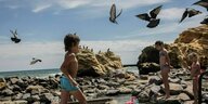 Möwen fliegen, Kinder spielen am Wasser am Strand von Odessa