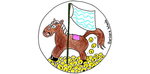 Ein Cartoon mit einem Pferd, das Pferdeäpfel in Form von Menschengesichtern rauslässt