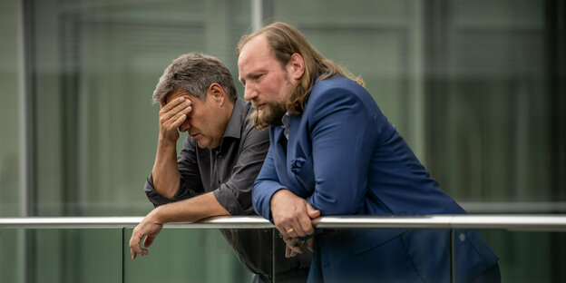 Robert Habeck und Anton Hofreiter stehen an einem Geländer im Bundestag