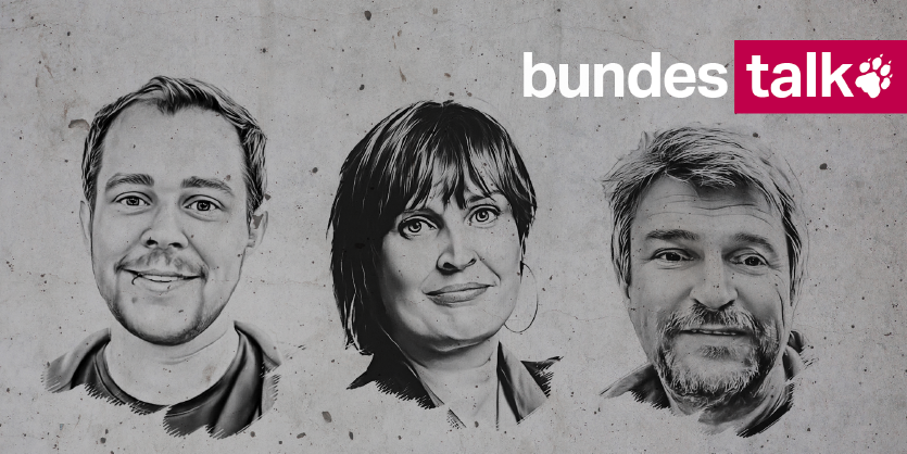 Die Köpfe der Podcaster*innen Johannes Drosdowski, Anja Krüger und Bernd Pickert