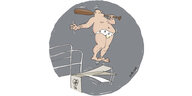 Cartoon: Ein Nazi in Badehose hüpft mit einem Baseballschläger von einem Sprungbrett