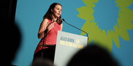 Eine junge Frau, Franziska Tell, steht hinter einem Redner*innenpult bei einer Veranstaltung der Grünen