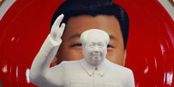 Mao Figur vor Xi Jinping Portrait.