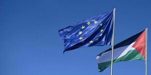 Die Flagge Palästinas und der EU an einem Fahnenmast wehen vor blauem Himmel