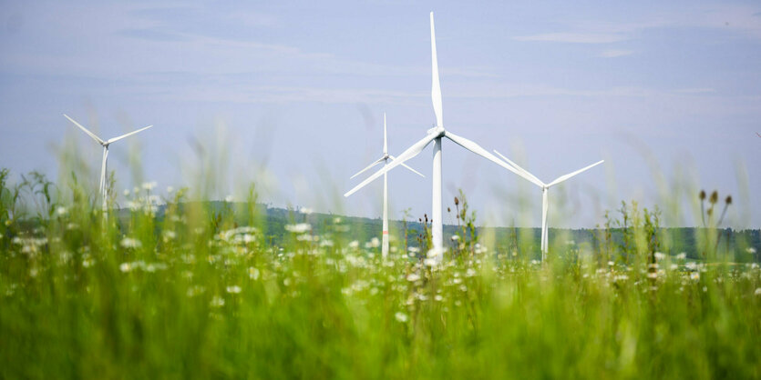 Windräder drehen sich auf einem Feld in Gestorf, Niedersachsen