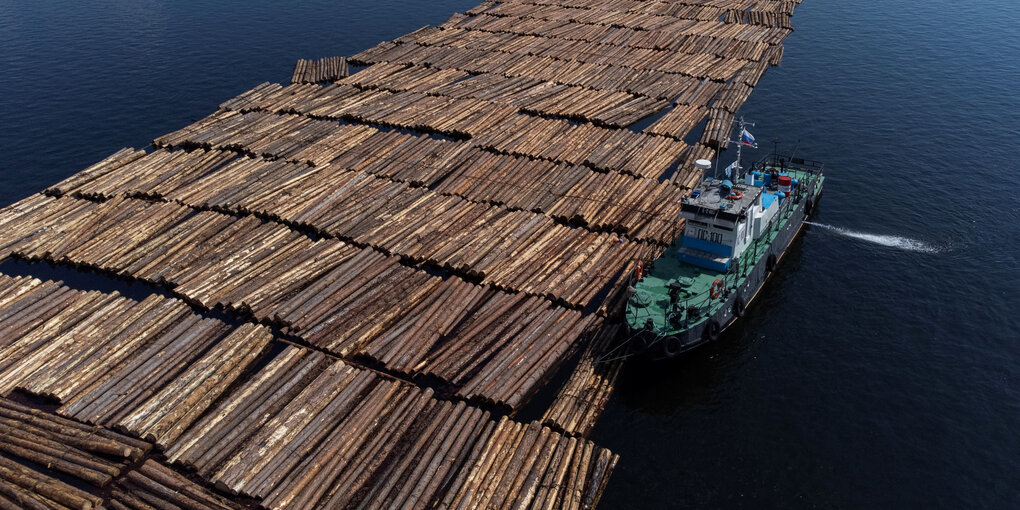 Holz wird auf einem Fluss geflößt.