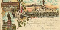 Eine alte Postkarte zeigt gezeichnete Motive aus Wilhelmshaven, unter anderem Kanonen mit Reichkriegsflaggen