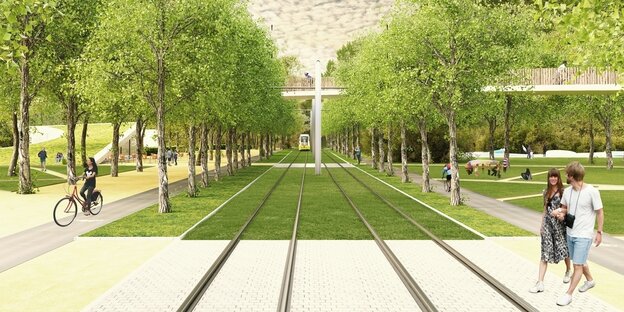 Visualisierung der geplanten Straßenbahnlinie durch den Görlitzer Park