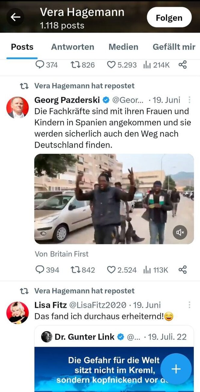 Screenshot, auf dem das Profil "Vera Hagemann2 einen Post des AfD-Politiker Georg Pazderski teilt