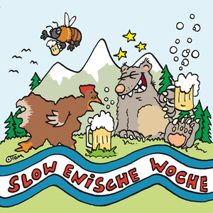 Ein Cartoon auf dem drei Tiere Bier trinken