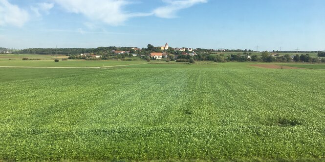 Blick auf ein grünes Feld, am Horizont ein kleiner Ort mit Kirche