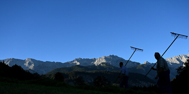 Zwei Landwirte gehen mit ihren Rechen über ihre Bergwiesen. Im Hintergrund bestrahlt die Morgensonne Berggipfel