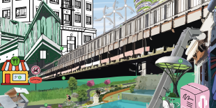 Illustration utopisches Hamburg mit Hochbahn, Grün und Wasser